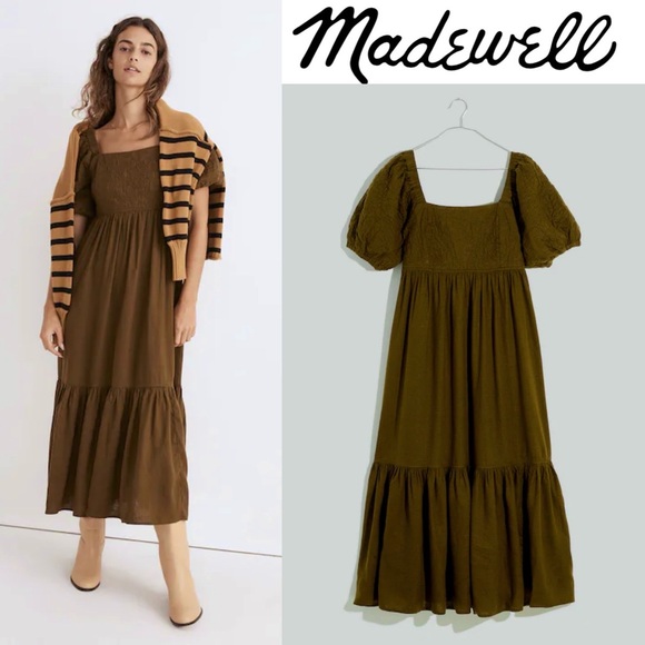 Madewell Dresses & Skirts - Madewell Tiered Midi Dress Quilted Hemp Blend Olive Green NH112 Size 10 Boho